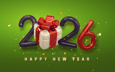 New Year 2026 Celebration With Red Gift Box, Glossy 3D Numbers, and Confetti on Green Background. Festive Holiday Greeting Design. Vector Illustration