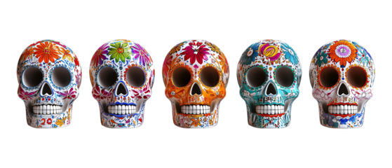 Pack Collection Day of the Dead Sugar Skulls Colorful Calaveras for Mexican Holiday Decorations set against transparent background