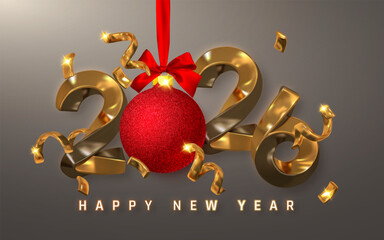 New Year 2026 Gold 3D Numbers with Sparkling Red Christmas Ornament and Confetti on Elegant Dark Background. Festive Holiday Celebration Typography. Vector Illustration