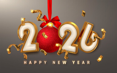 New Year 2026 Celebration Background With Golden Numbers, Red Christmas Ball, Ribbon And Confetti On Dark Background. Festive Holiday Design. Vector Illustration