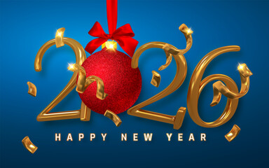 Golden 2026 New Year Greeting with Red Christmas Ornament, Ribbons, and Confetti on Blue Background. Elegant Holiday Celebration Design for Seasonal Use. Vector Illustration