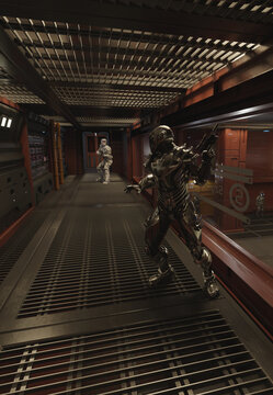 Alien Warrior Intruder Caught on Board a Space Ship, 3d digitally rendered science fiction illustration
