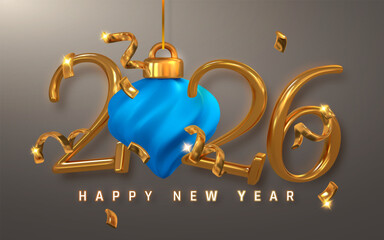 New Year 2026 Golden Numbers With Blue Christmas Ornament And Confetti On Elegant Dark Background. Luxurious Holiday Greeting Design For Celebrations. Vector Illustration