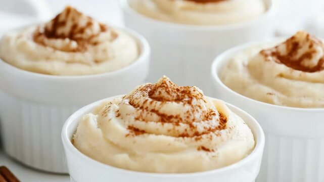 Indulgent creamy dessert with cinnamon served in white ramekins for sweet treat experience