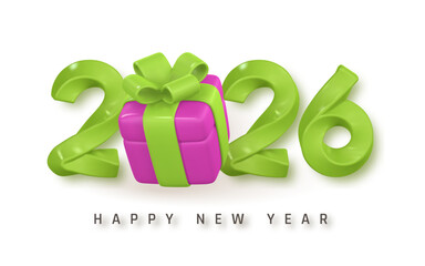 New Year 2026 Gift Design With Bright 3D Numbers And Colorful Present Box In The Center. Fun And Festive Style For Holiday Cards, Posters, And Web Banners. Vector Illustration
