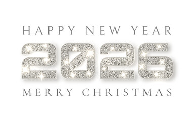 New Year 2026 Silver Glitter Text With Merry Christmas Message On White Background. Elegant Festive Holiday Design For Winter Celebration. Vector Illustration