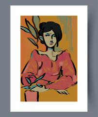 A Stylized Portrait Featuring a Woman Surrounded by Lush Plants in a Vibrant Modern Art Style