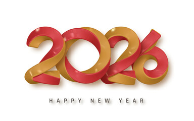 New Year 2026 Red And Gold 3D Numbers With Glossy Ribbon Style Design. Festive Holiday Concept Perfect For Greeting Cards, Posters, And Digital Banners. Vector Illustration