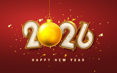 Happy New Year 2026 with Elegant White and Gold Numbers, Golden Christmas Ball, and Confetti on Red Background. Luxury Holiday Celebration Theme. Vector Illustration