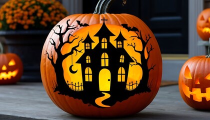 A carved Halloween pumpkin with a haunted house design. The pumpkin is bright orange with a glowing interior. Dark trees surround it, creating a spooky atmosphere.