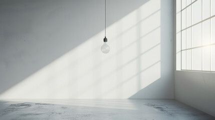 A minimalist white room with a hanging light bulb, casting soft shadows and sunlight, showcasing simplicity and spaciousness in design.