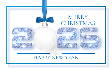 New Year 2026 Greeting With Glitter Numbers, Christmas Ornament, And Blue Ribbon In Elegant Style. Festive Holiday Design With Sparkle Effect. Vector Illustration