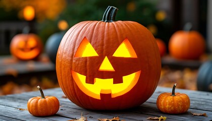 Fototapeta premium A carved pumpkin with a smiling face sits on a wooden table. Surrounding it are smaller pumpkins and fallen autumn leaves. The scene evokes a festive Halloween atmosphere.