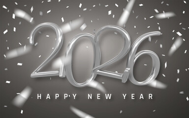 New Year 2026 Celebration With Shiny Silver Numbers, Metallic Confetti And Elegant Dark Background. Perfect For Luxury Holiday Designs And Invitations. Vector Illustration
