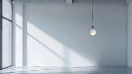 A minimalist white room with a hanging light bulb, casting soft shadows and sunlight, showcasing simplicity and spaciousness in design.