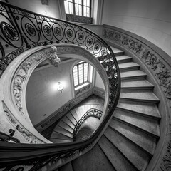 Fototapeta premium Vintage spiral staircase with intricate details. Architectural design with carved, decorative elements, circular shape leads upwards