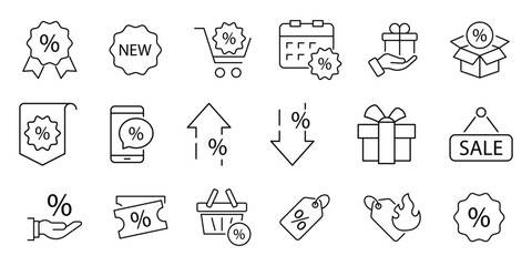 Discount icon set. Shopping related line icons: sale, coupon, shop,  giftbox, offer, shopping tag, cart, label, sticker, badge and more. Editable stroke. Vector illustration.