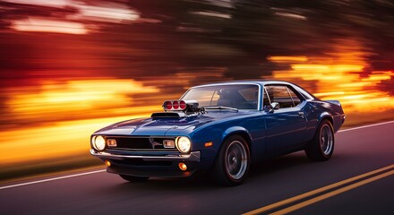 Classic Blue Muscle Car Speeding on Asphalt Road at Sunset A Stunning Automotive Photography