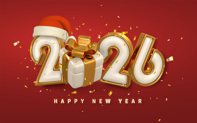New Year 2026 Celebration with Gold Numbers, Santa Hat, Gift Box, and Confetti on Red Background. Festive Holiday Design. Vector Illustration