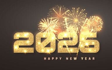 New Year 2026 Celebration with Sparkling Gold Numbers, Fireworks, and Dark Background. Festive Holiday Party Night Scene. Vector Illustration