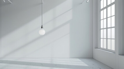 A minimalist white room with a hanging light bulb, casting soft shadows and sunlight, showcasing simplicity and spaciousness in design.