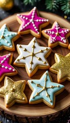 Colorful star-shaped cookies decorated with icing on a wooden platter. The cookies feature pink, blue, white, and gold designs, perfect for festive occasions.