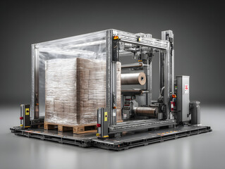 A clear plastic film wrapping machine efficiently encases a pallet of goods, securing them for shipping or storage with a tight, protective covering.