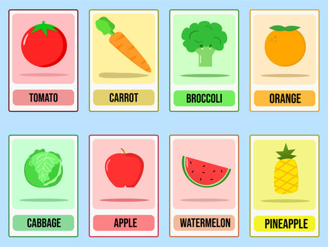set of fruits and vegetables. educational flashcards  fruits and vegetables for  children 