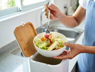 Composting at home: hands holding bowl of organic waste for eco-friendly disposal