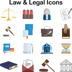 General legal icons set for contracts, rules, and legal systems