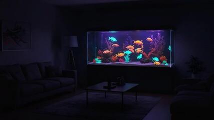 Vibrant aquarium scene with colorful fish at night