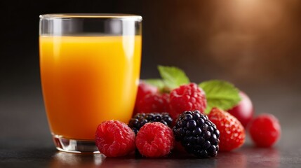 A refreshing glass of orange juice sits beside vibrant mixed berries. The bright colors create a cheerful atmosphere. Perfect for breakfast or a healthy snack. AI