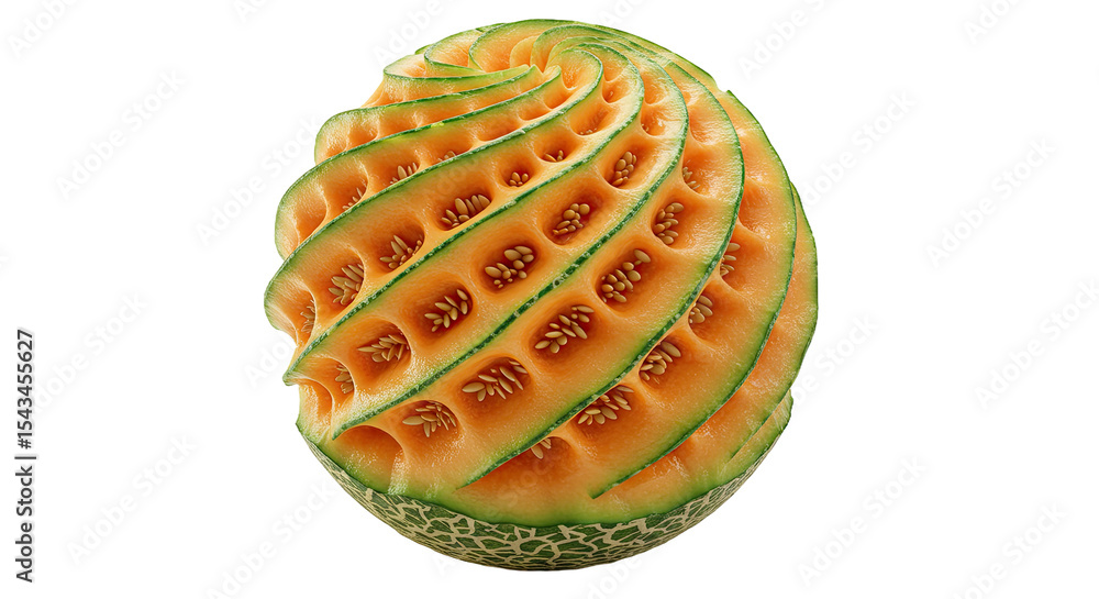 Poster artfully carved cantaloupe melon showing a spiral design on a black background