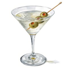 Watercolor illustration of a classic martini cocktail. Cocktail drink watercolor
