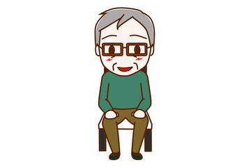 （全身正面）椅子に笑顔で姿勢よくきちんと座る高齢の男性