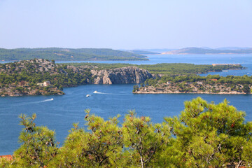 Fototapeta premium Aerial view of Sibenik, picturesque coastal town in Croatia.