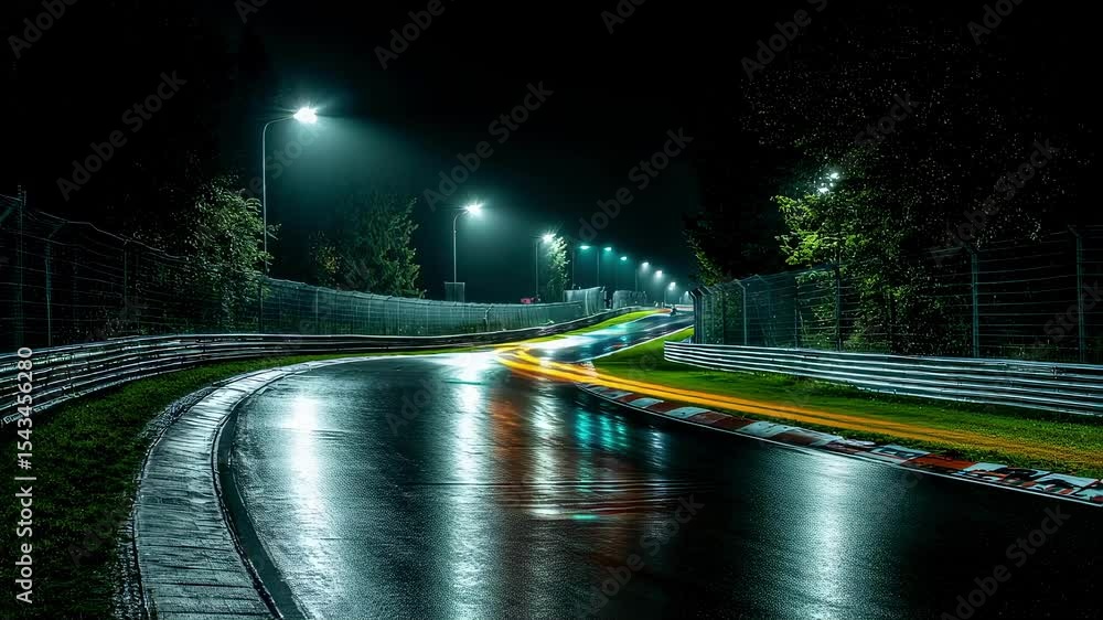 Poster multiple exposures showing the light trails of a racing car speeding through a curve on a wet track 