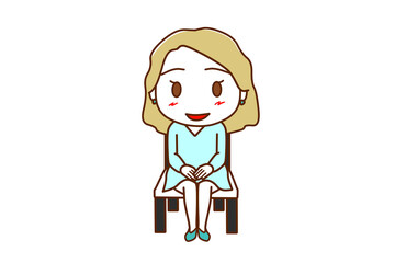 （全身正面）椅子に笑顔で姿勢よくきちんと座る白人女性