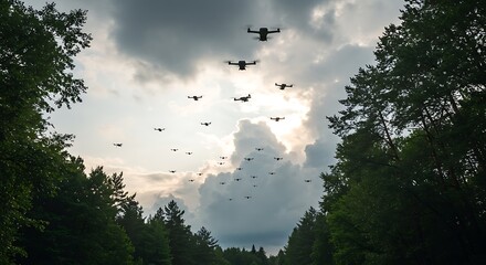 Drones silhouetted against a forest canopy and cloudy sky, Drones Flying