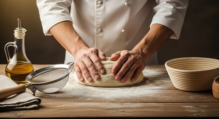Chef Kneading Dough on Wooden Table in Kitchen Setting
