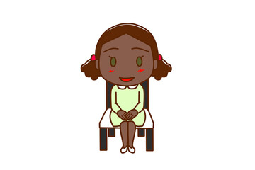 （全身正面）椅子に笑顔で姿勢よくきちんと座るアフリカ系少女