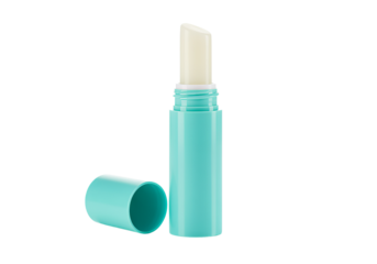 Turquoise lip balm tube open with lip protection product lip balm, lip care, turquoise, open, tube, cosmetic, beauty, protection, hydration, moisturizer, isolated, black background, healthcare, person