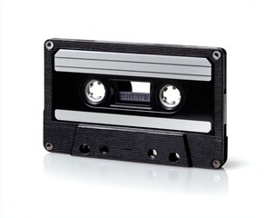 Obraz premium Black audio cassette with silver stripes positioned upright on a white surface with a reflection beneath