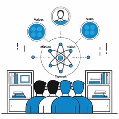 corporate team mission vision values goals concept vector illustration for business strategy, teamwork collaboration, organizational objectives, company culture development, leadership planning