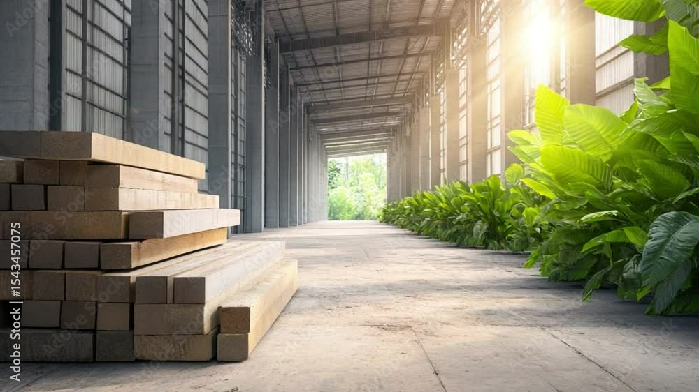 Aufkleber lumber and greenery harmony: a tranquil scene showcasing stacked lumber amidst a minimalist building