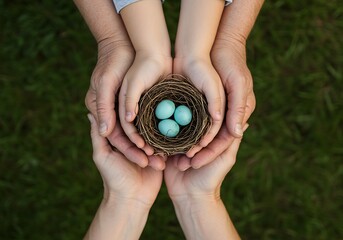 Three Generations Of Hands Cupped Together, Carefully Holding A Bird's Nest With Three Small Blue Eggs Over Green Grass, Family Legacy And Protection Concept