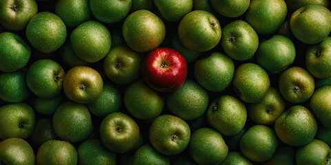 A standout red apple surrounded by green apples, colorful fruit composition from above