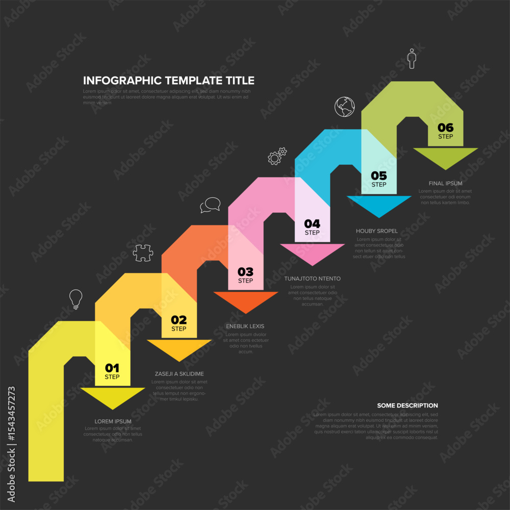 Poster this multi-color 6 step process infographic template visually represents a horizontal workflow or ti