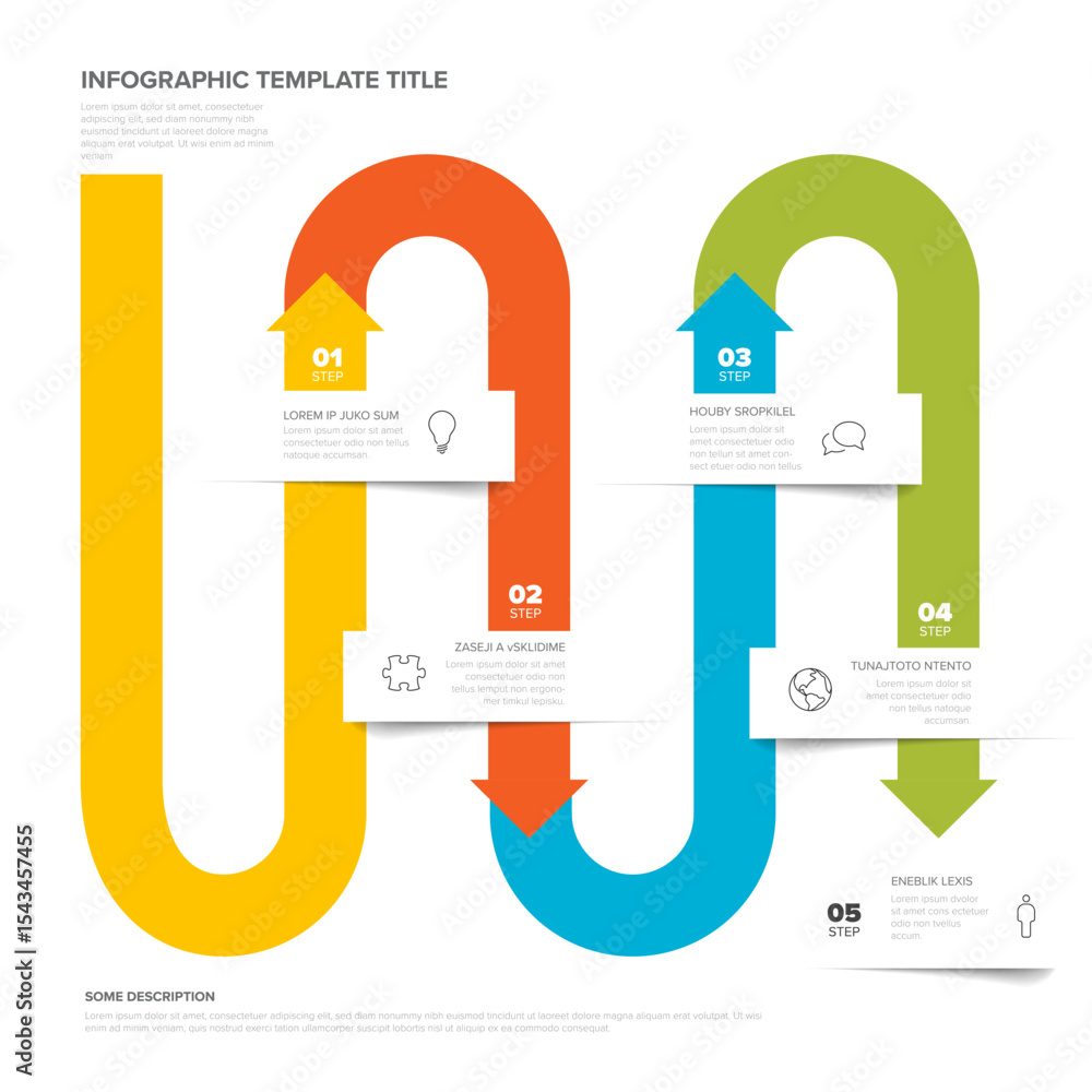 Poster this colorful infographic template is a curved process infographic with 5 steps. use this process in