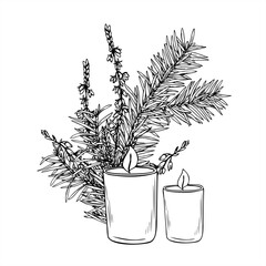 Scandinavian Christmas monochrome vector illustration painted by black inks. Candles in glass cups with fir branches and heather. For holiday design, festive decor, spa and wellness, aromatherapy